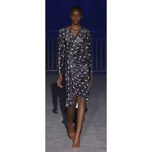 Atlein Ruched Velour Long Sleeve Surplice Wrap Dress Womens 40 | 8 NWT $1055